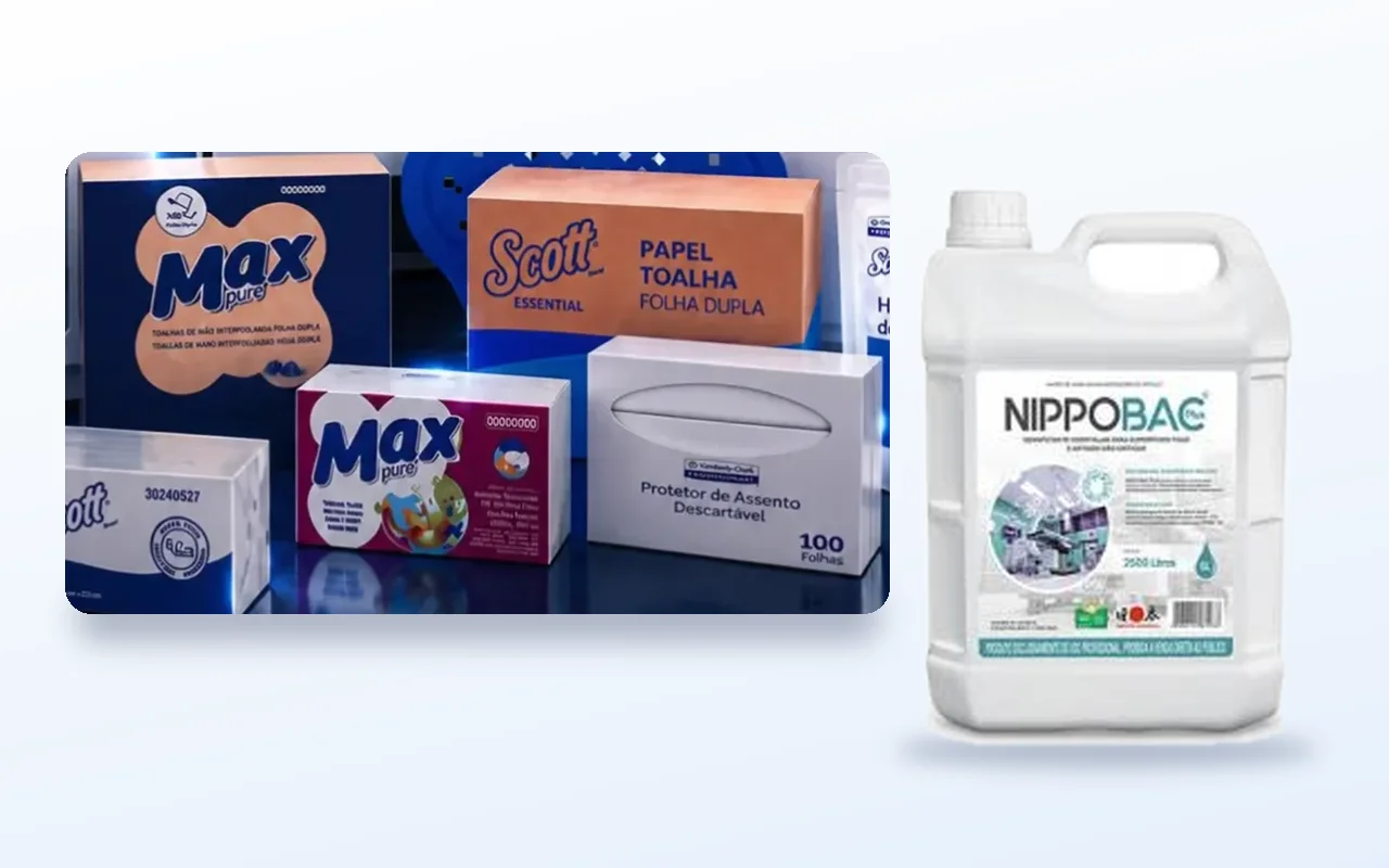 Papéis Scott e Max Pure da Kimberly-Clark Professional e galão Nippobac da Nippon Chemical